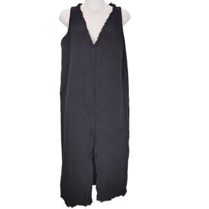 Zara Sleeveless V-Neck Shift Midi Dress Front Slit Frayed Trim Black Womens M
